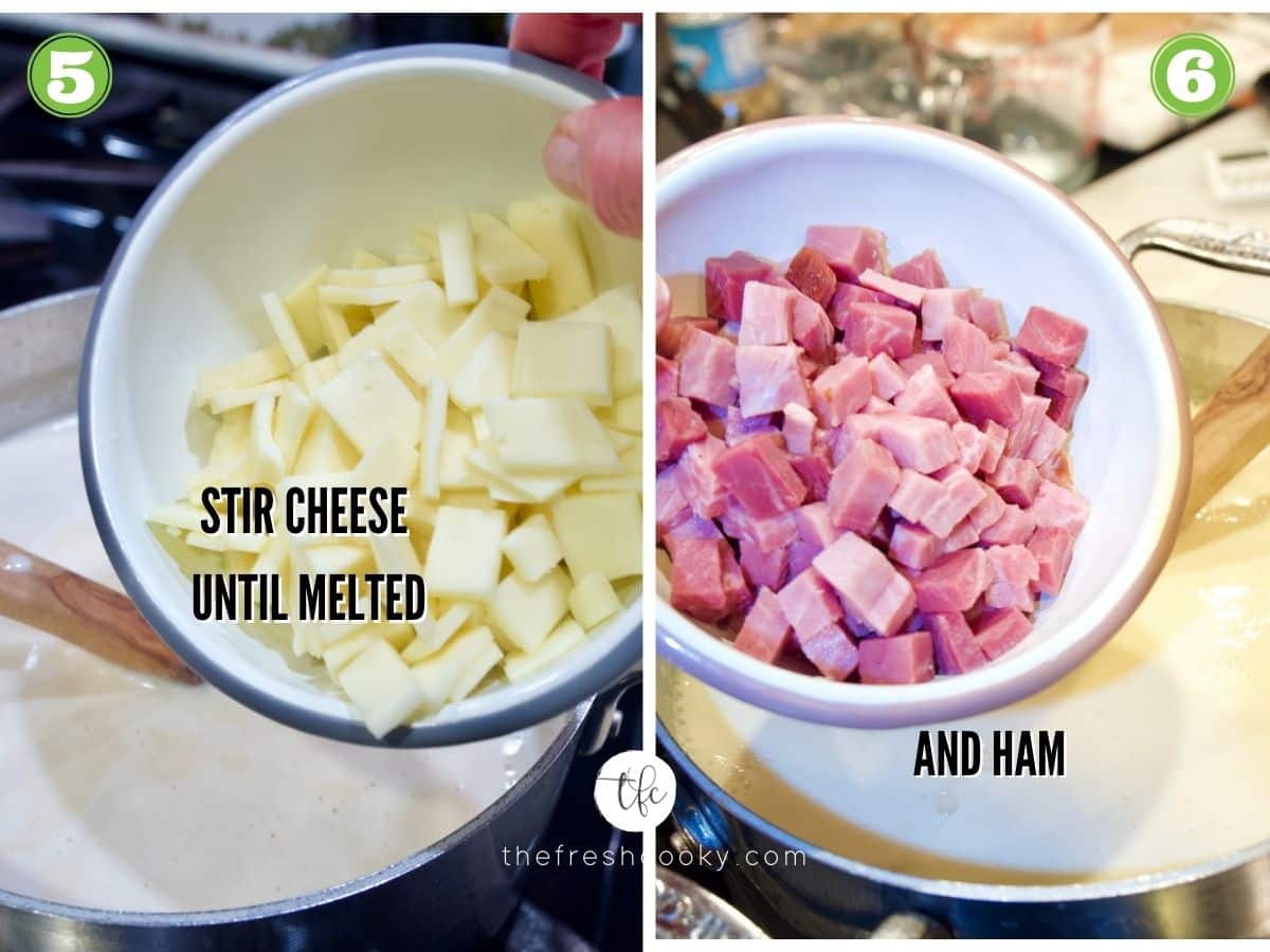 Adding cheese and ham to ham mac & cheese soup.