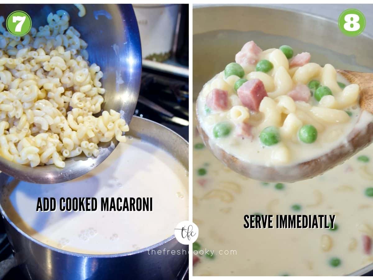 Process shots for Ham, Mac & Cheese Soup adding cooked macaroni and final shot in ladle. 