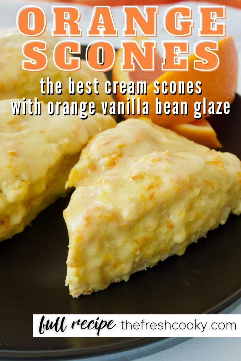 Orange Scone Pin with close up image of several scones on a black plate.