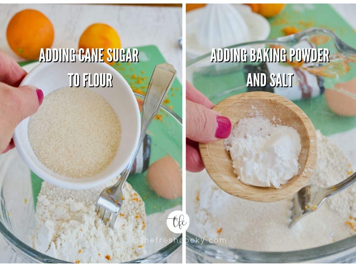 process shots for orange scones 1) adding sugar to flour 2) adding baking powder and salt to mixture.