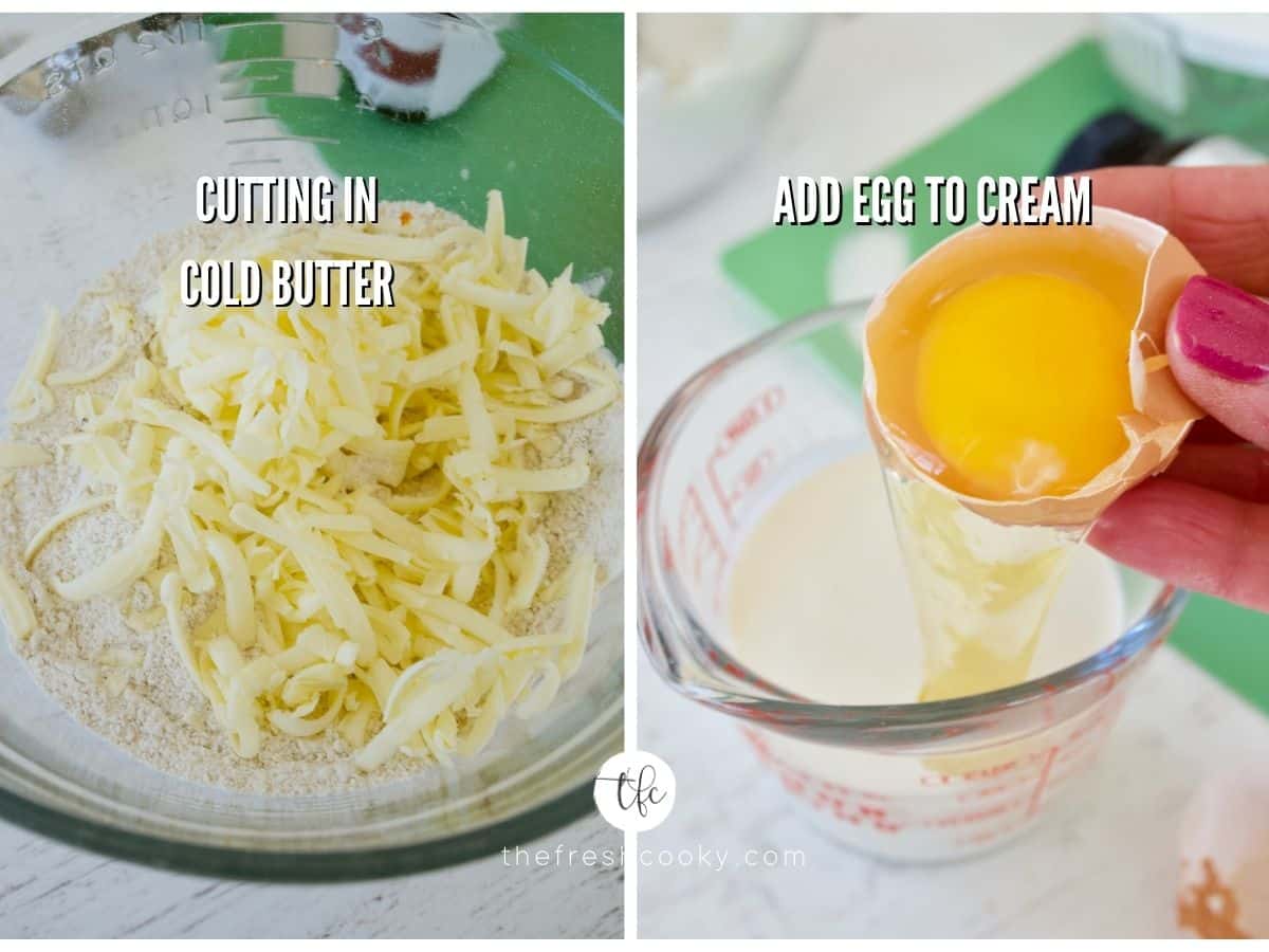 Orange scone process shots 3) grated butter in dry ingredients 4) adding egg to cream.