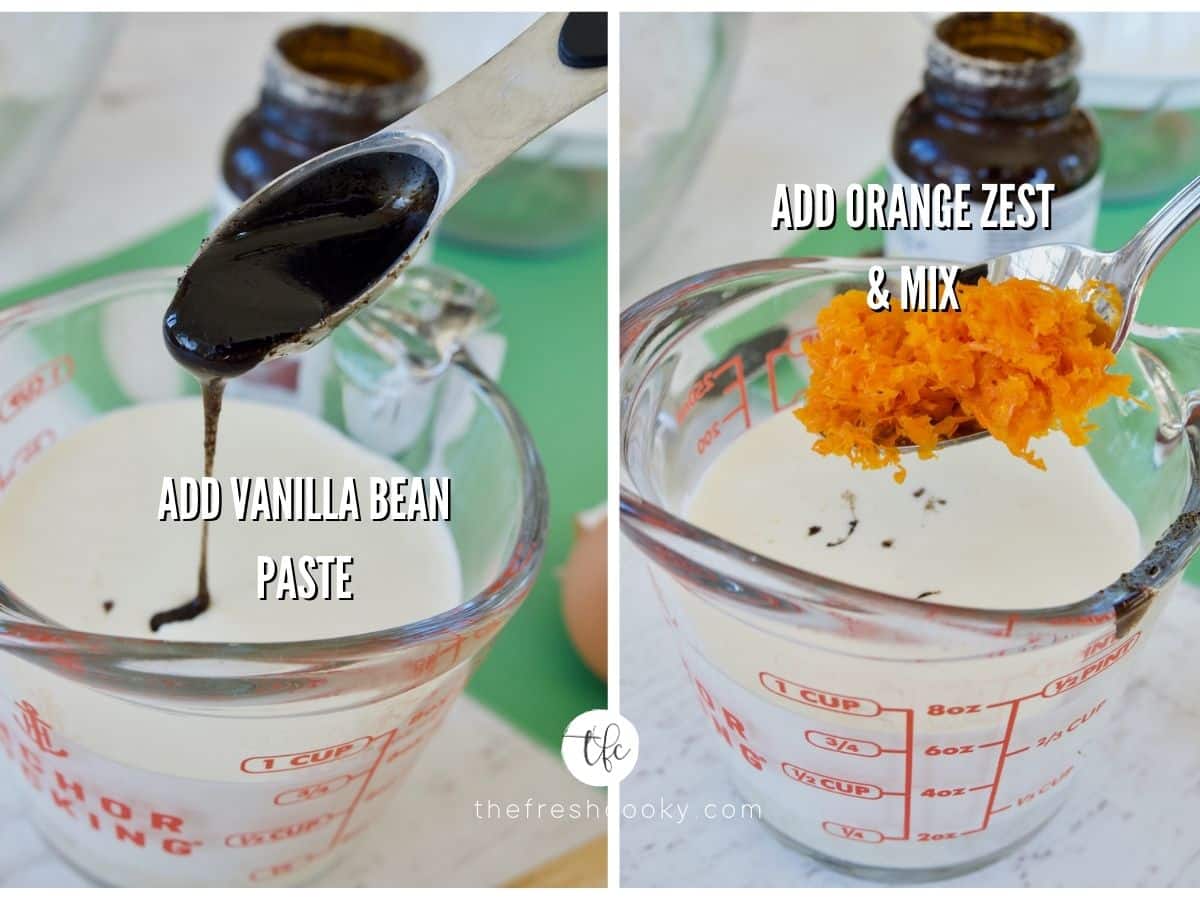 adding vanilla bean paste and orange zest to orange scone liquids.