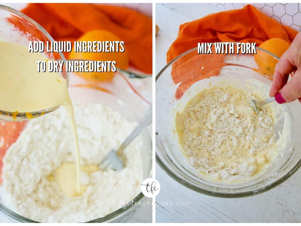 orange scone process shot adding liquid to dry ingredients and mixing with fork to form shaggy dough.