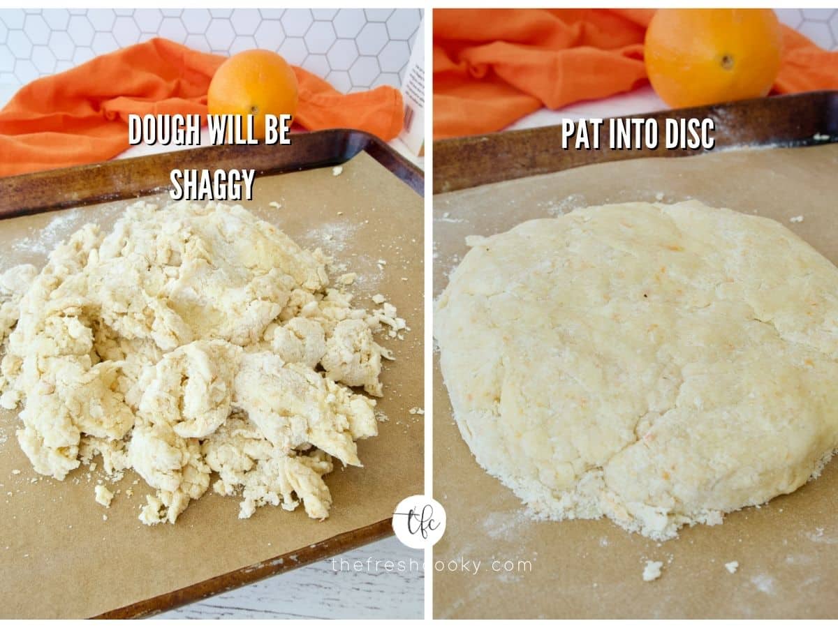 Orange scone process shots shaggy dough on parchment lined baking sheet and dough pressed into disc using the parchment paper.