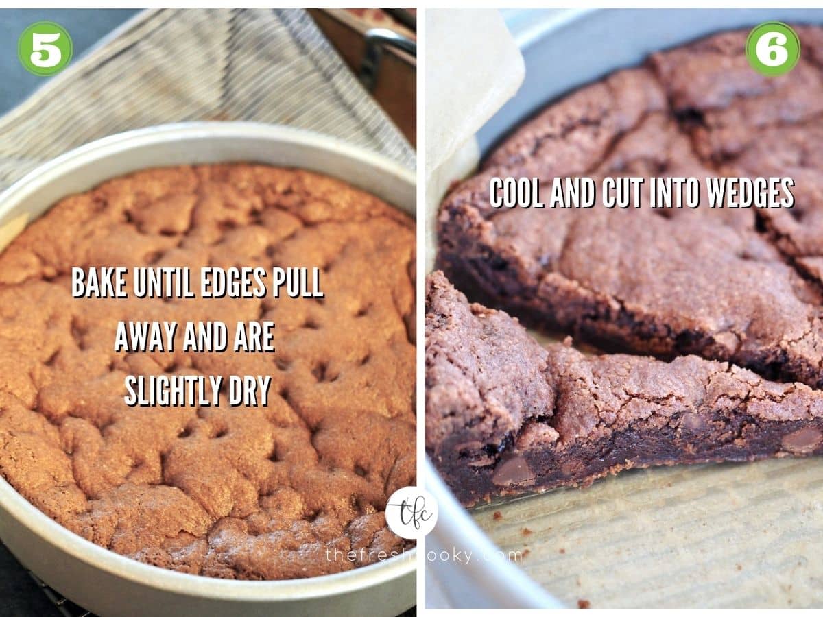 Process shots for Chocolate Shortcake 5) baked chocolate shortcake 6) cooled and sliced into wedges.