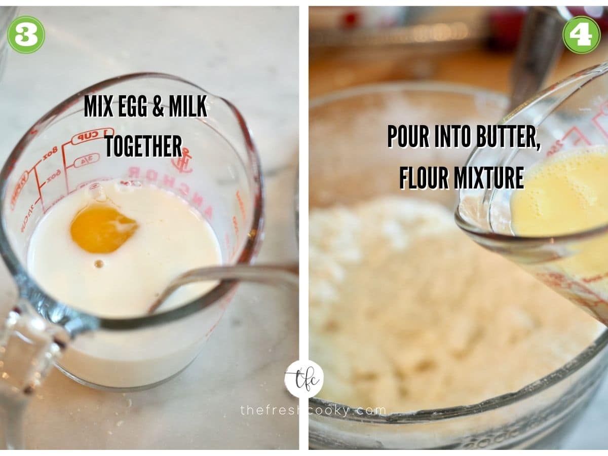 Process shots for old-fashioned shortcake 3) mixing egg with milk 4) adding wet to dry ingredients.