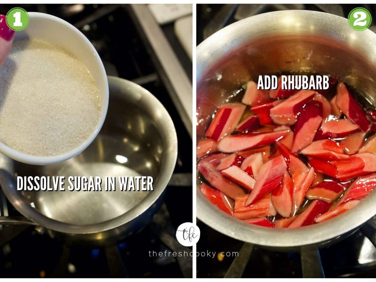 process shots for how to make rhubarb simple syrup 1 sugar dissolved in water and 2 rhubarb in sugar water.