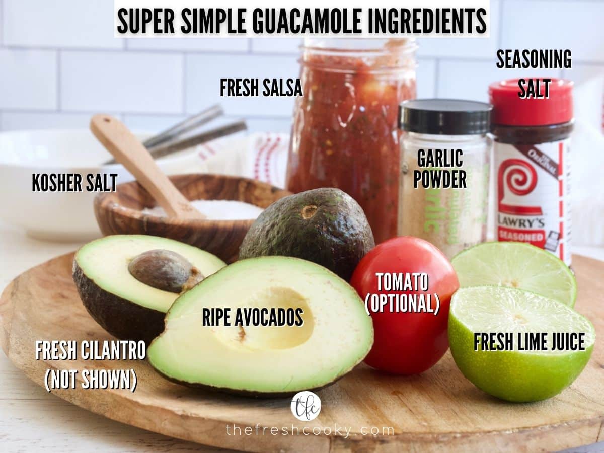 Ingredients for super simple guacamole, L-R Ripe avocados, kosher salt, salsa, garlic powder, Lawry's seasoning, fresh lime, roma tomato.