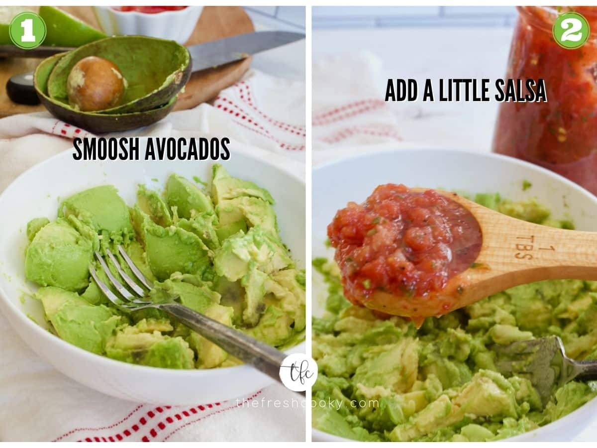 Process shots for how to make simple guacamole 1) mashing fresh avocados 2) adding fresh salsa.