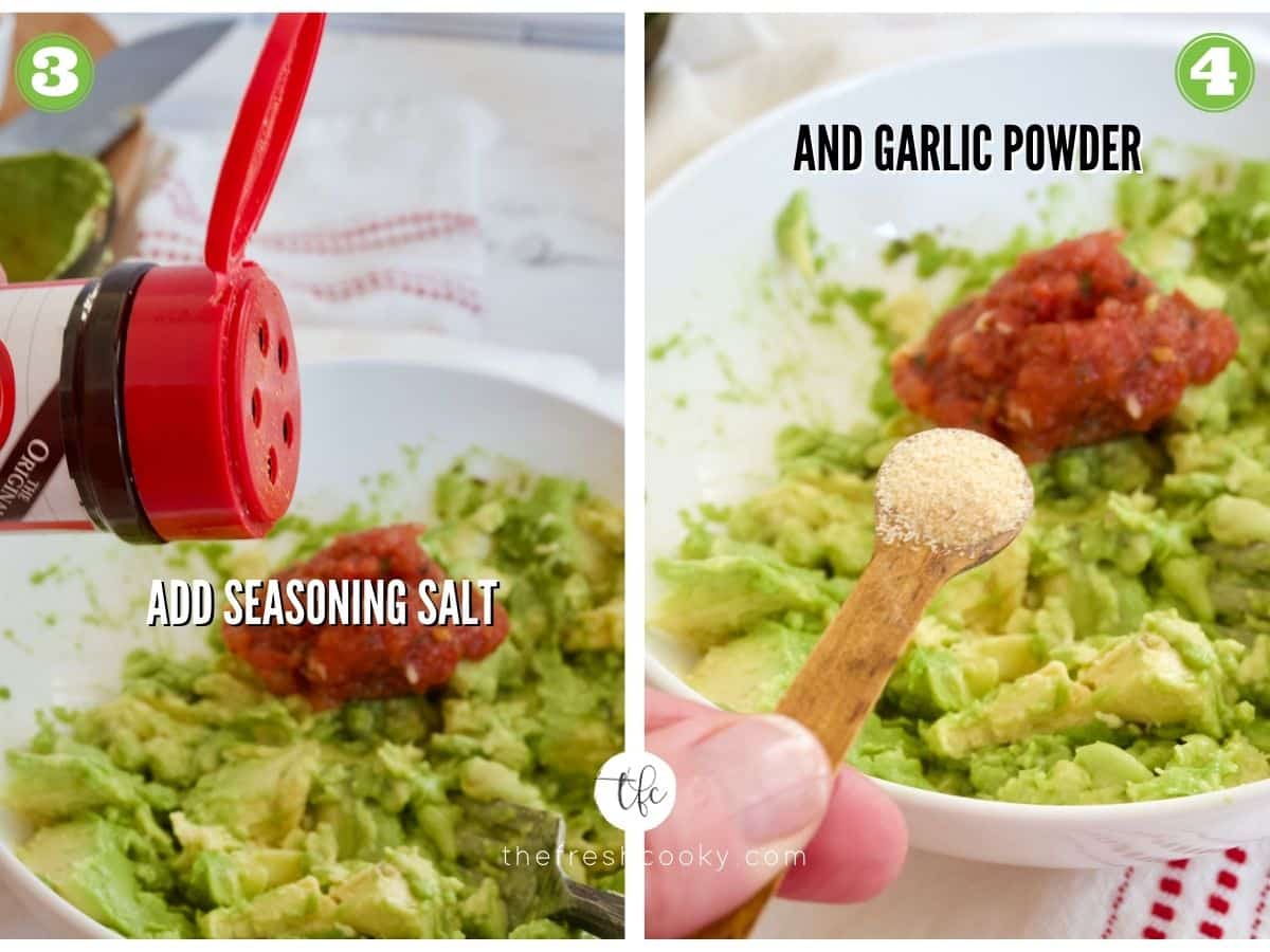 Process shots for super simple guacamole 3) adding Larry's seasoning salt 4) adding garlic powder.