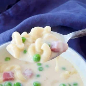 Spoonful of creamy macaroni and cheese soup.