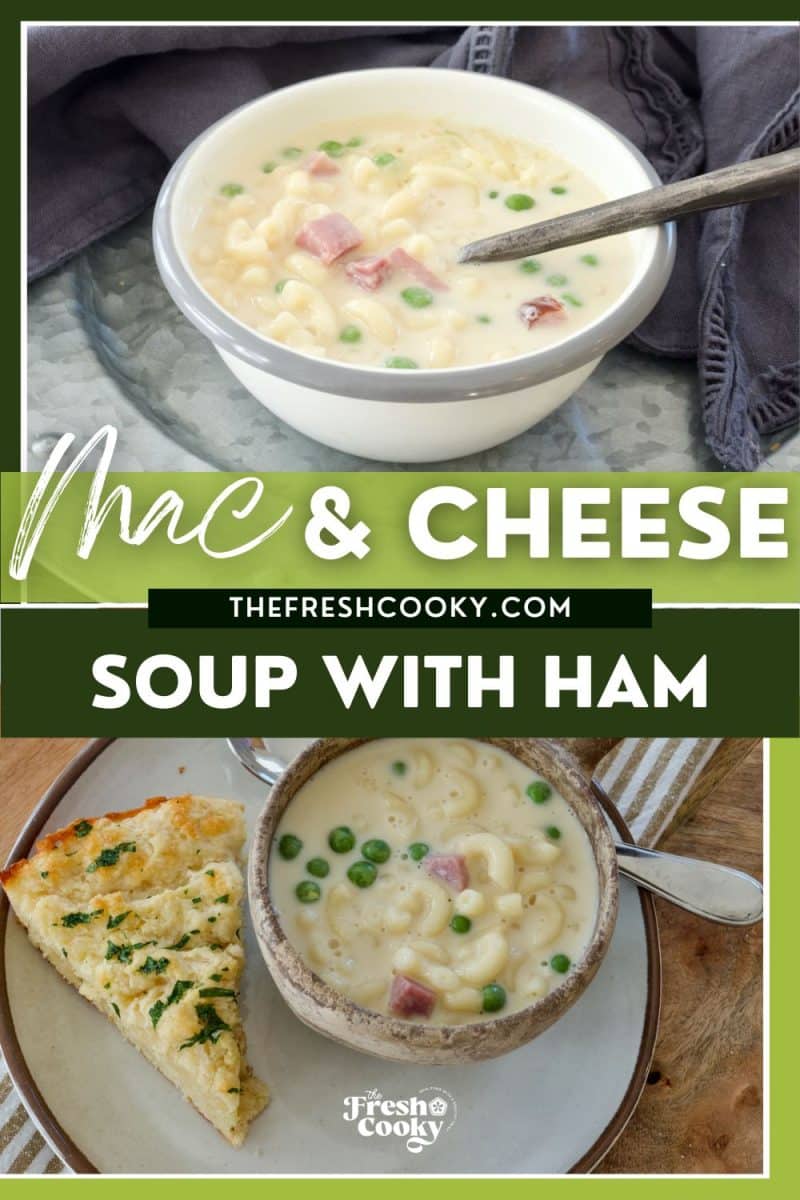 Mac and cheese soup in bowls with cheddar biscuits, to pin.