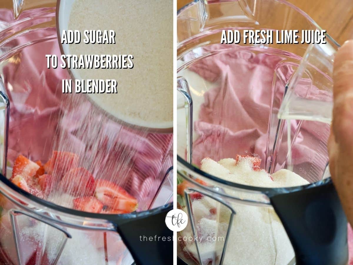 Strawberry Syrup process shot, adding sugar to strawberries in blender, pouring in lime juice.
