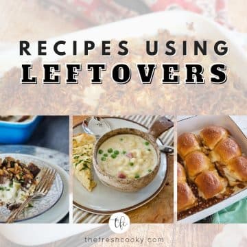 FB image for Recipes using leftovers with images of turkey divan, ham mac and cheese soup and turkey sliders.