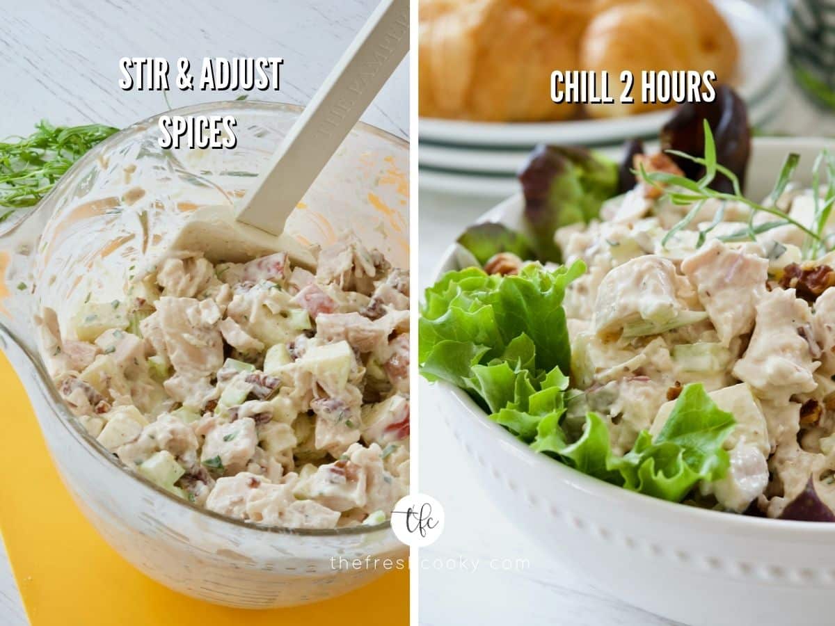 Final process shots for tarragon chicken salad, L-final mixing of chicken salad R-bowl of chicken salad with lettuce linging the bowl.