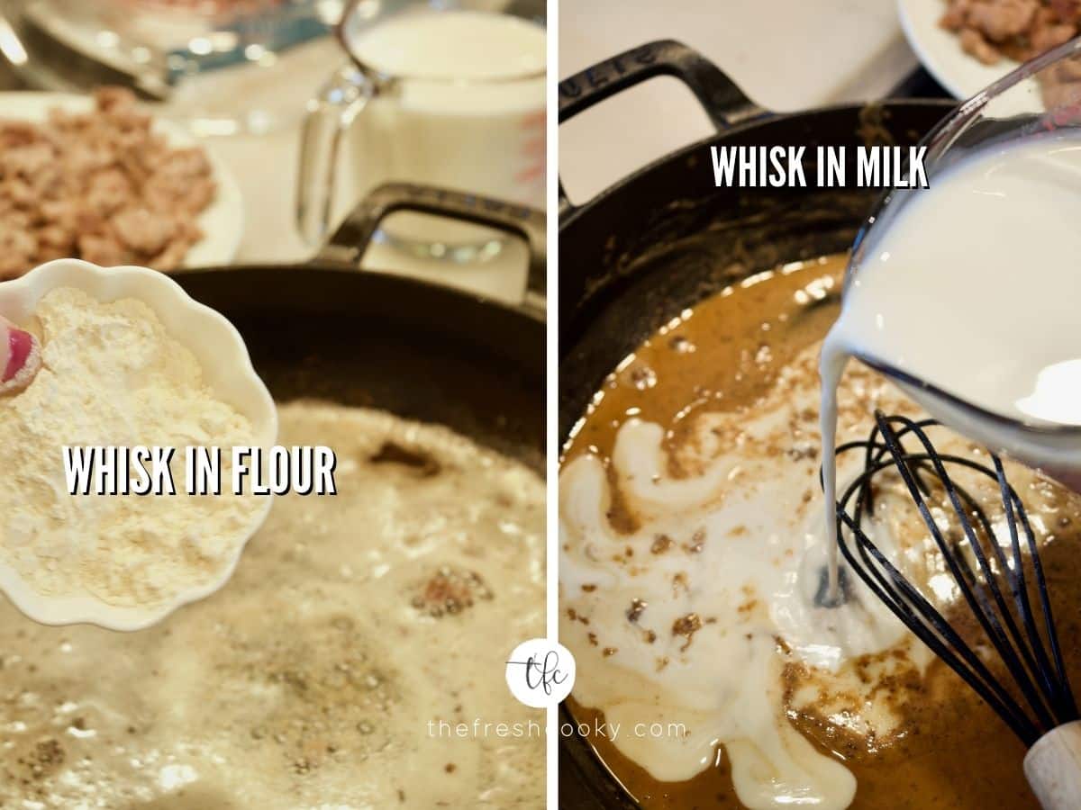 Process shots sausage gravy 3) adding flour 4) adding milk.