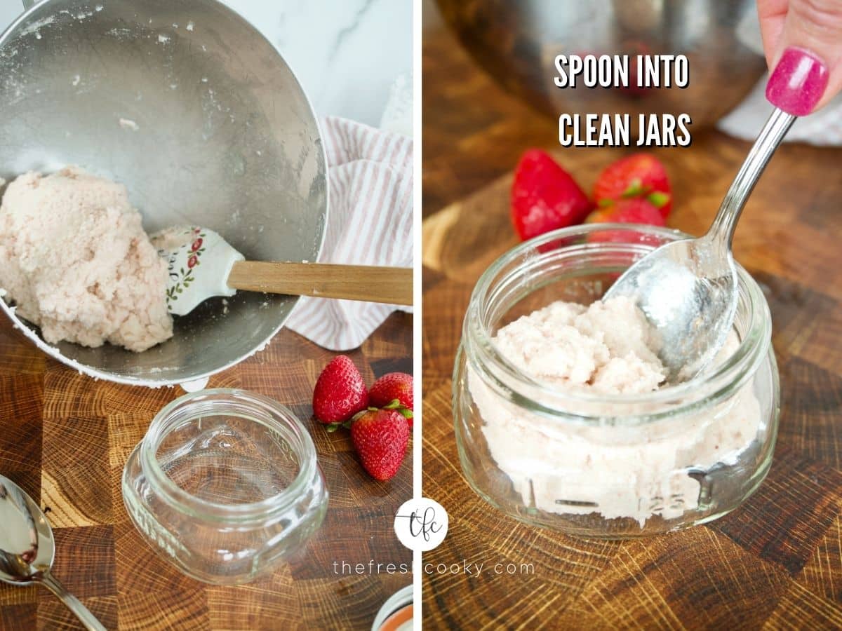 Spooning strawberry sugar scrub into clean jars for gifting.