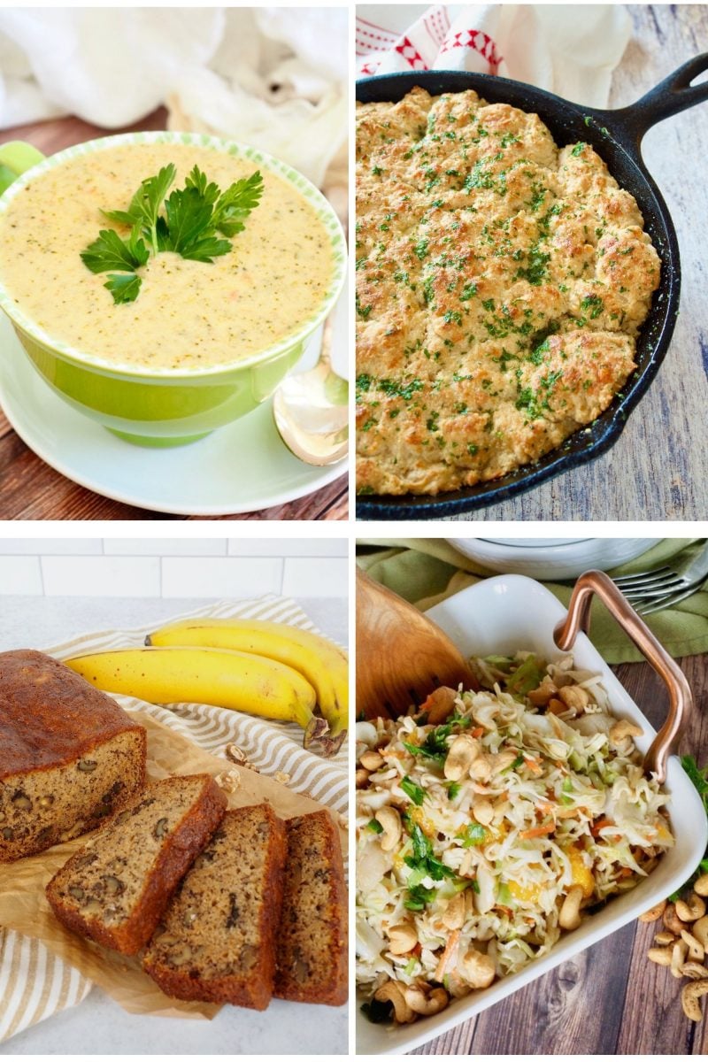 4 Images in a collage L-R Broccoli Cheese Panera Soup, Red Lobster Skillet Bread, Banana Bread, Asian Ramen Noodle Salad.