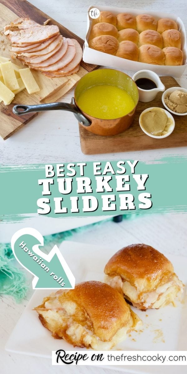 Long pin with ingredients for easy turkey sliders on top and image of two baked turkey sliders on bottom.