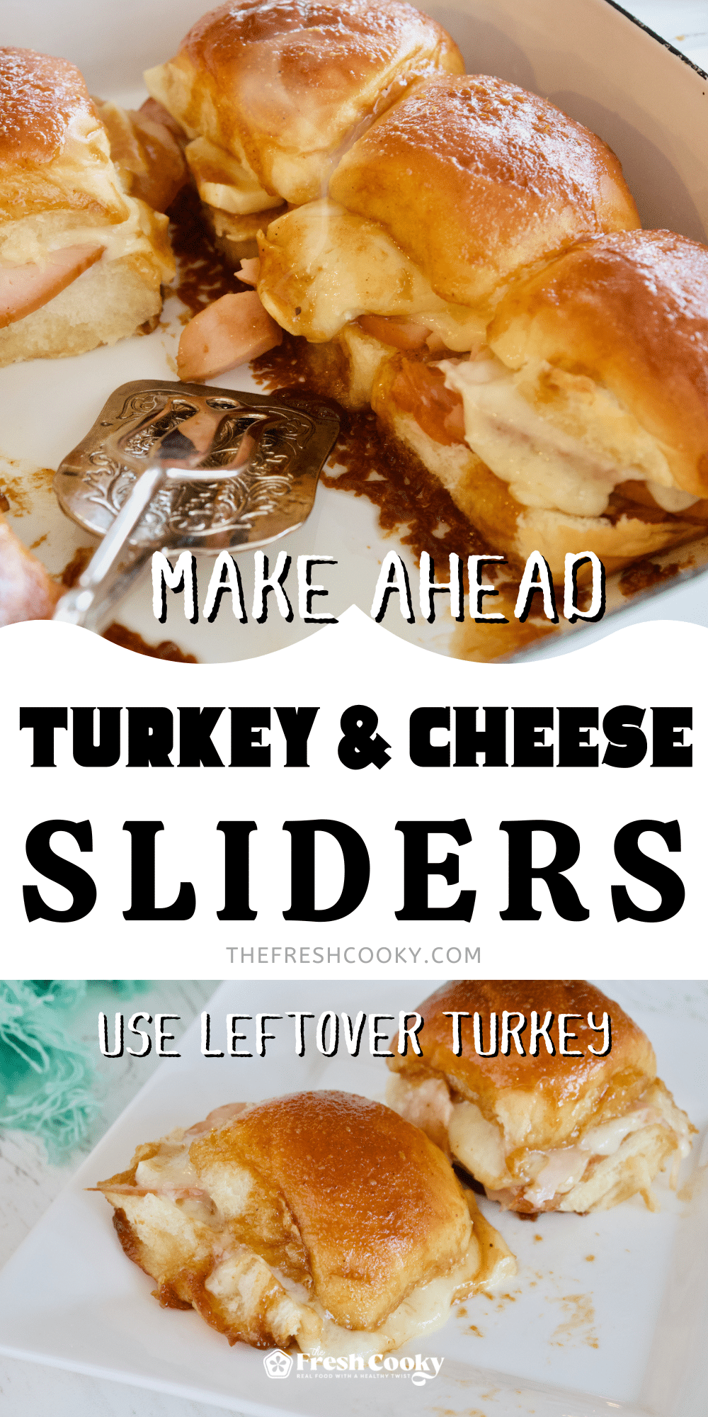 Turkey and Cheese sliders in pan and two on a plate for pinning.