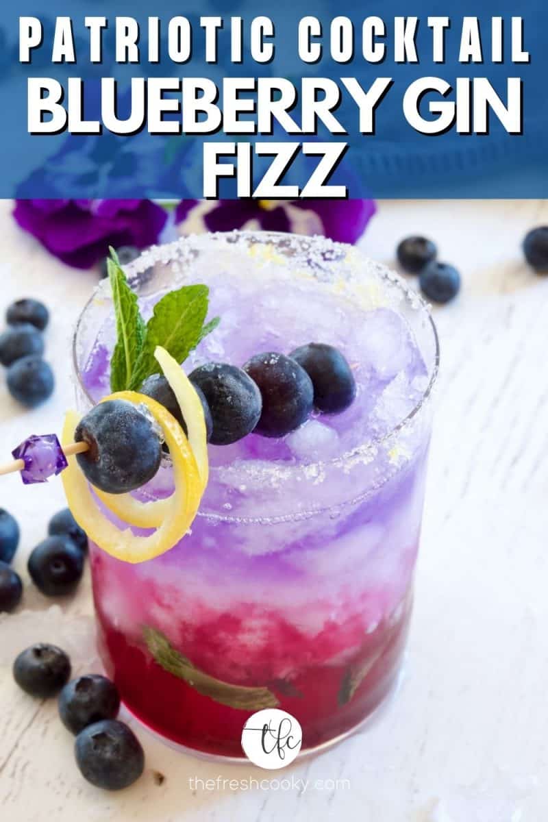 Patriotic Cocktail a blueberry gin fizz with image of red, white andd blue-berry layered cocktail.