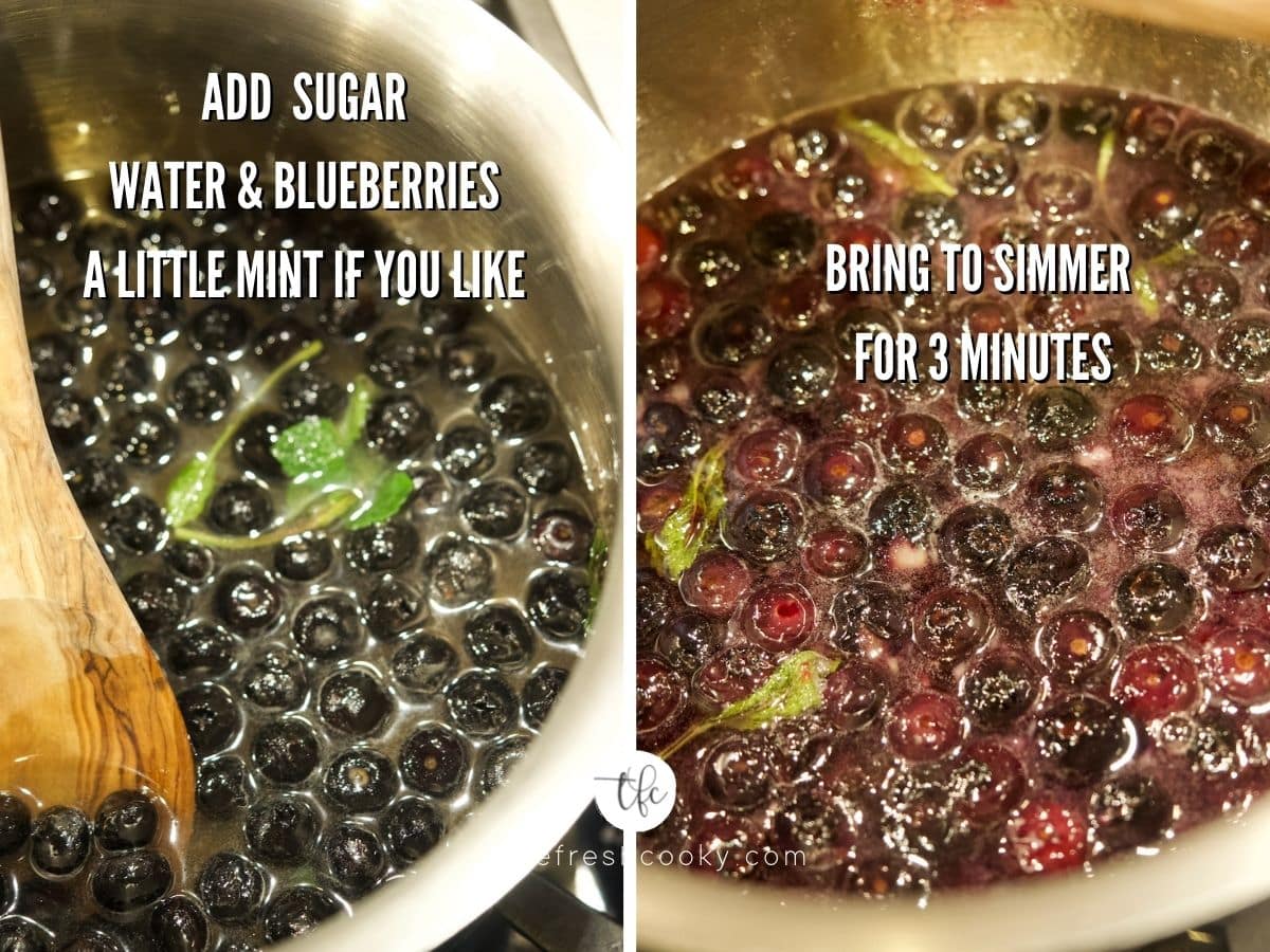 Process shots for blueberry syrup adding water sugar and blueberries to pan, and second shot after coming to a simmer.