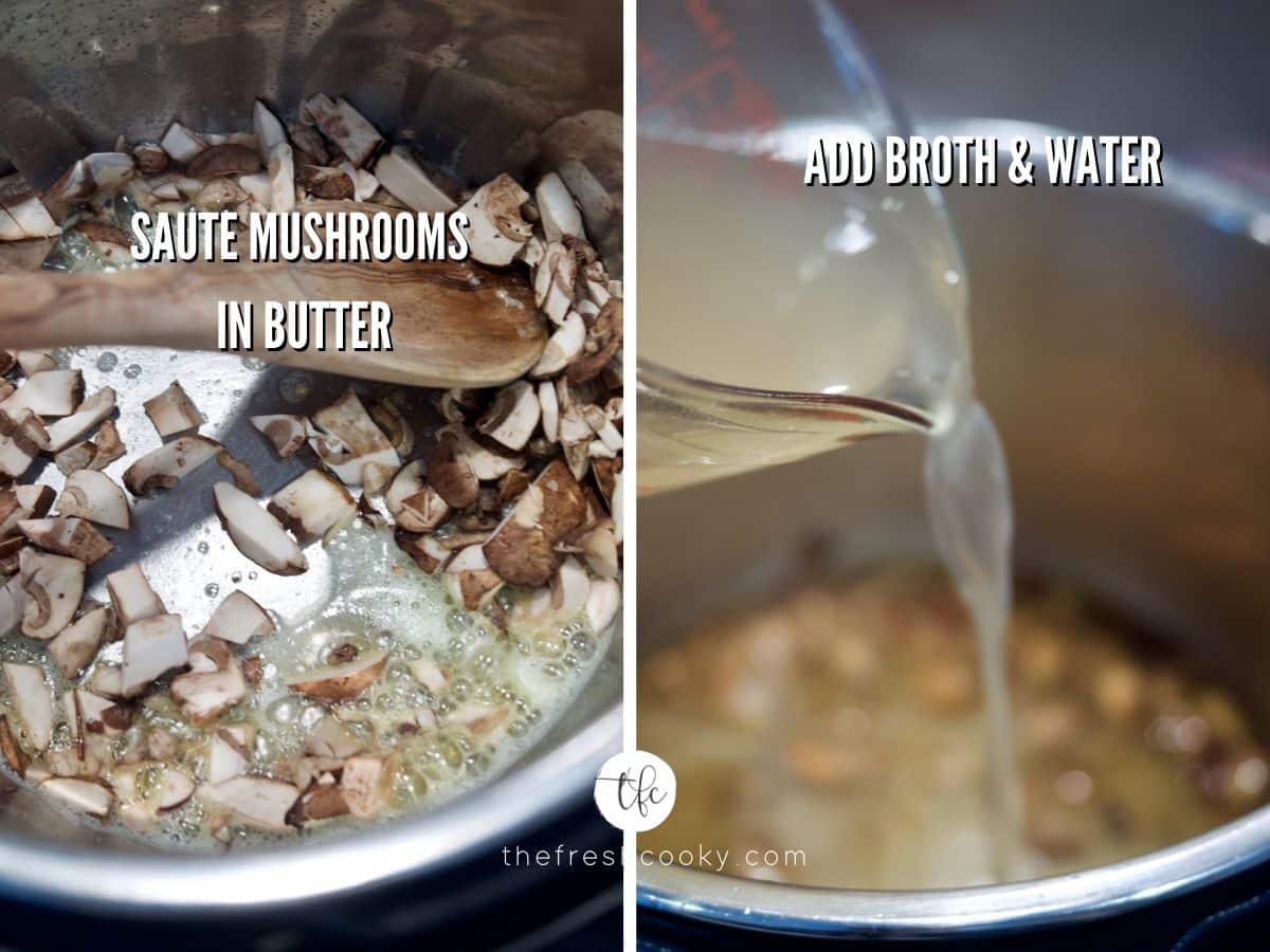 Bow Tie Pasta Recipe process shots 1) sauteing mushrooms and deglazing pan with chicken broth.