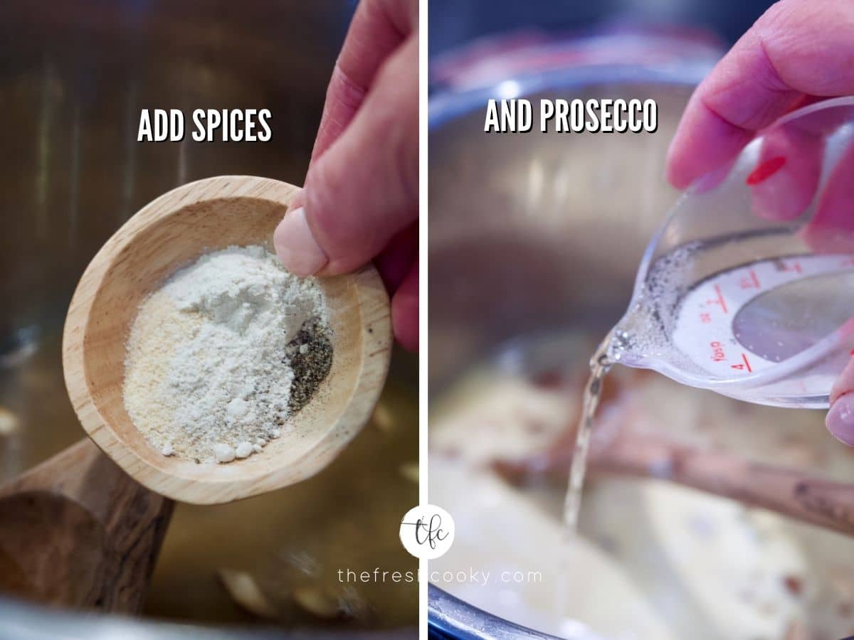 Process shots for bow tie pasta recipe adding spices and pouring in Prosecco.