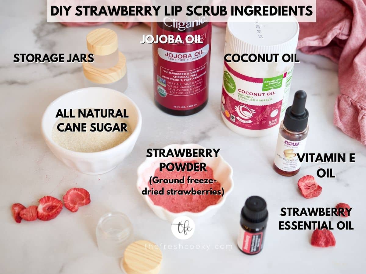 Image of strawberry lip scrub ingredients with labels for each one.