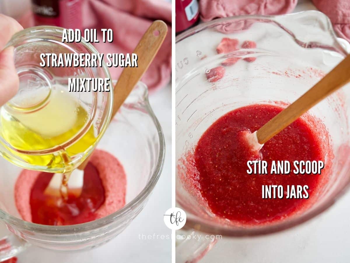 Pouring oils into strawberry sugar mixture and final mixed lip scrub mixture.