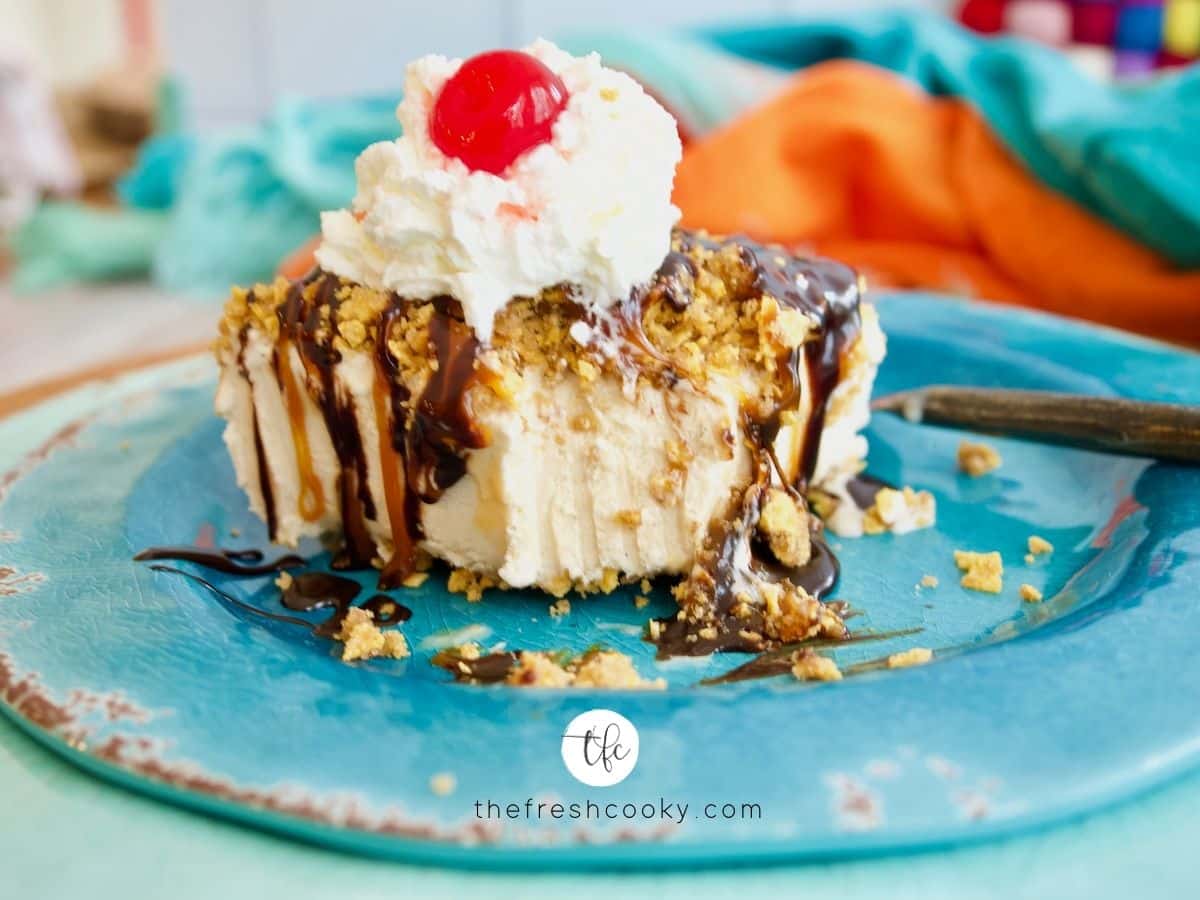 Fried Ice Cream Cake FB image with bite taken out of it.