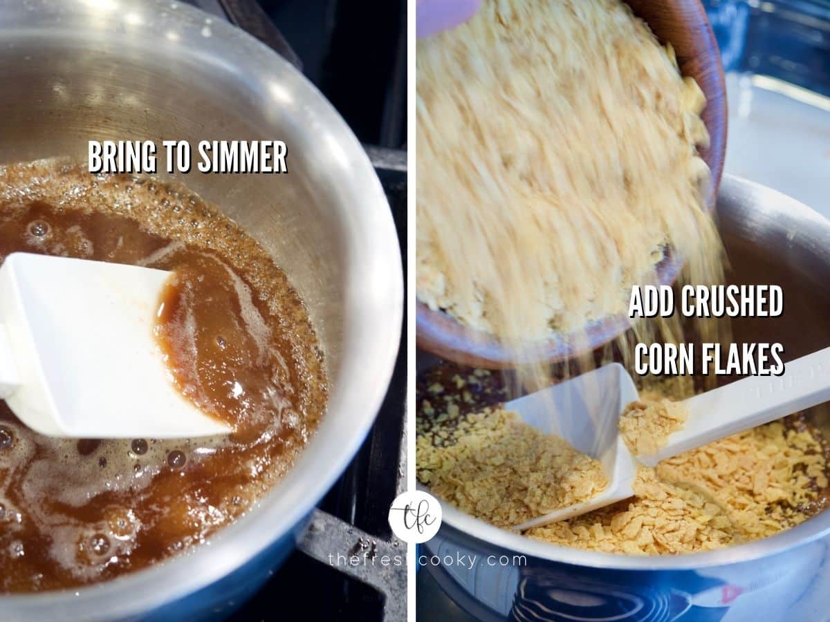 Fried Ice Cream Process Shots L-R bring to simmer, adding crushed corn flakes.