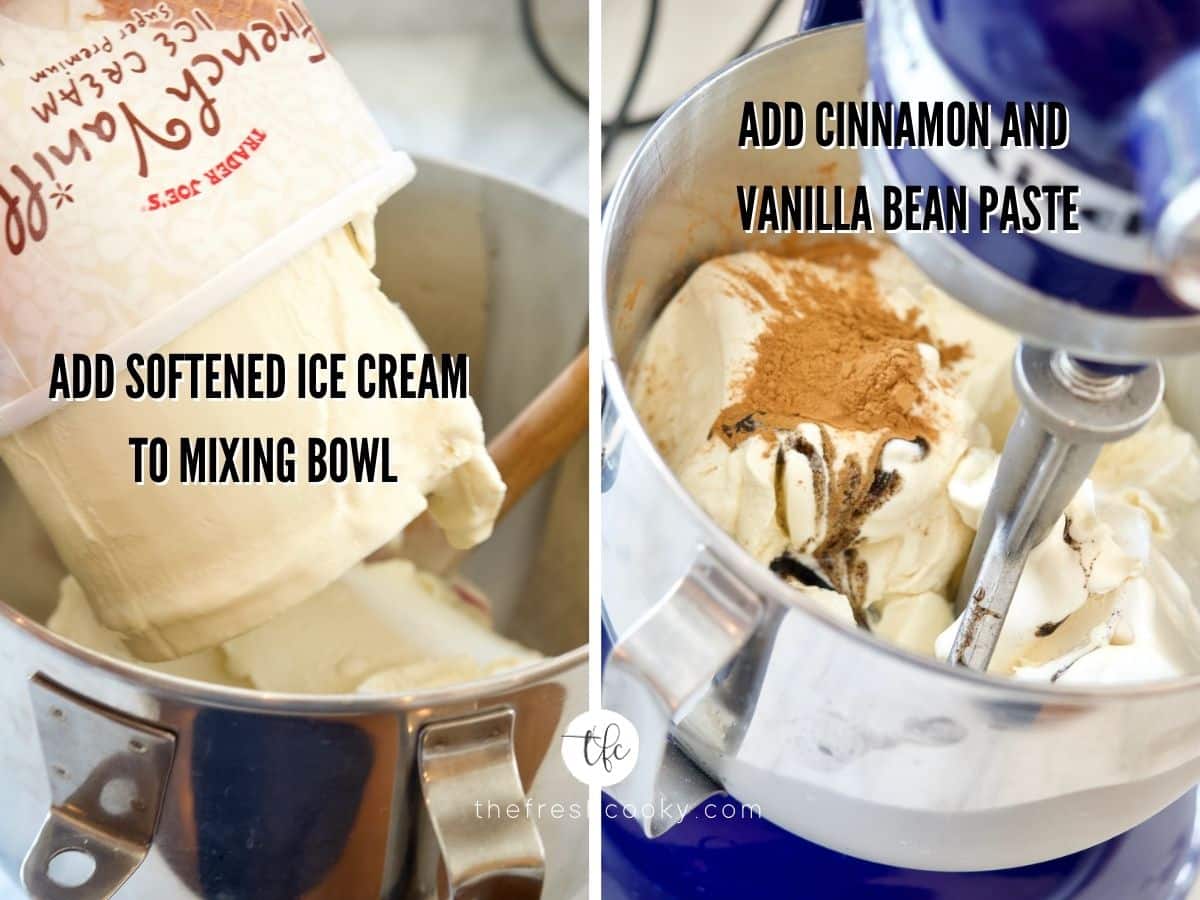 Process shots for fried ice cream cake, adding ice cream to mixer and cinnamon and vanilla bean paste to ice cream.