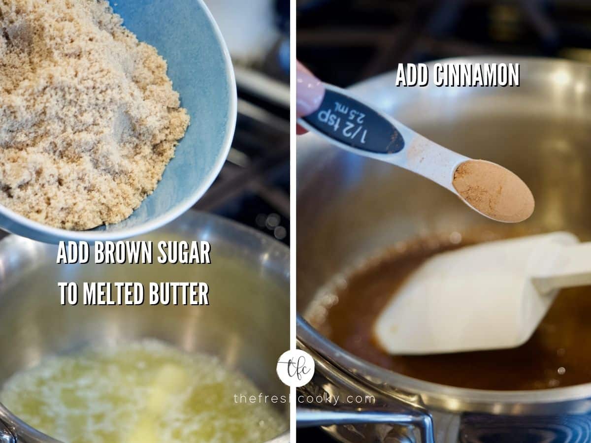 fried ice cream cake process shots adding brown sugar to butter and cinnamon to mixture.