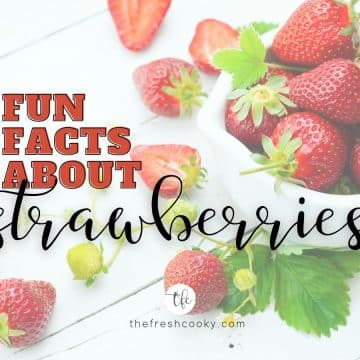 facebook image for fun facts about strawberries with dish of strawberries with vine in background.