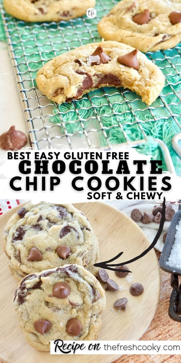 Long pin for gluten free chocolate chip cookies with top image of cookie on rack with bite taken out and bottom image of several soft cookies sitting on a plate with sea salt and chocolate chips.