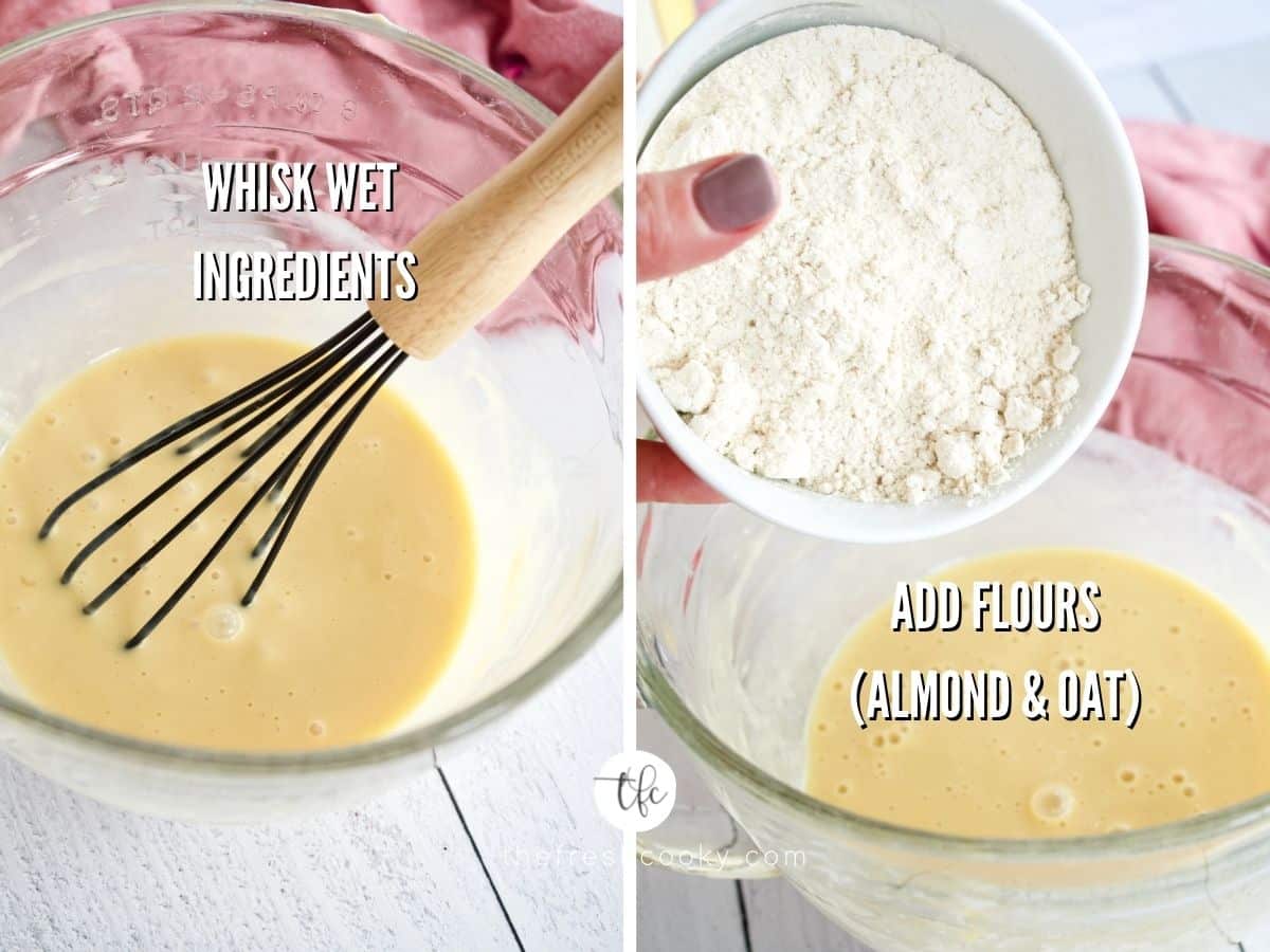 Process shots for strawberry bread whisking wet ingredients and pouring in oat flour.