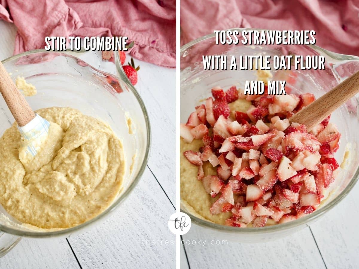 Strawberry Bread batter process shots, adding in fresh strawberries.