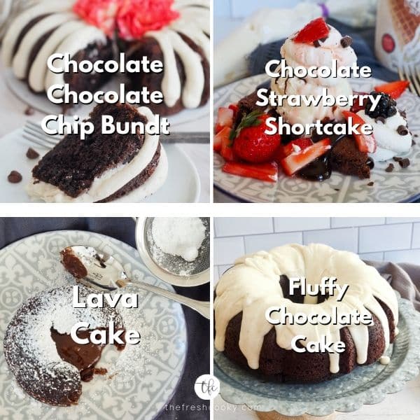Chocolate dessert ideas for Mother's Day L-R Chocolate Chocolate Chip Bundt Cake, Chocolate Strawberry Shortcake, Chocolate Lava Cakes, Fluffy Chocolate Loaf and Bundt Cake.