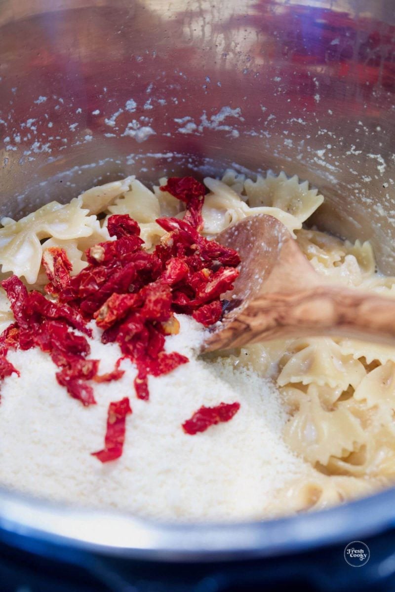 Toss in sun-dried tomatoes and stir into bow tie pasta recipe. 