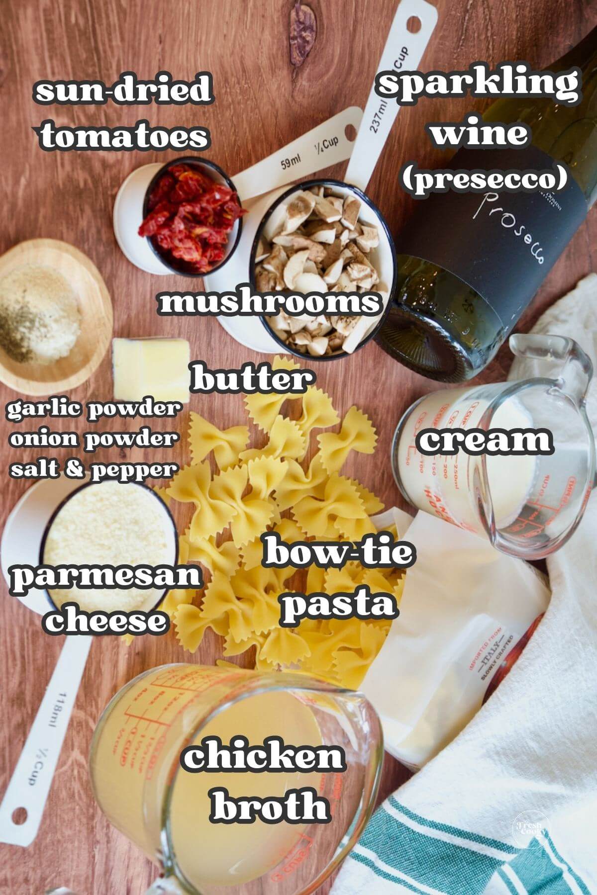 Labeled ingredients for instant pot bow tie pasta recipe.