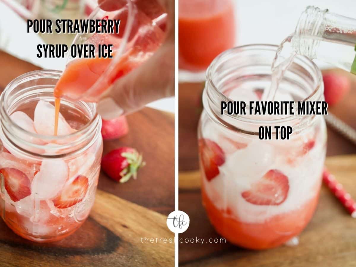 pouring strawberry syrup into glass and second image pouring ginger ale on top.