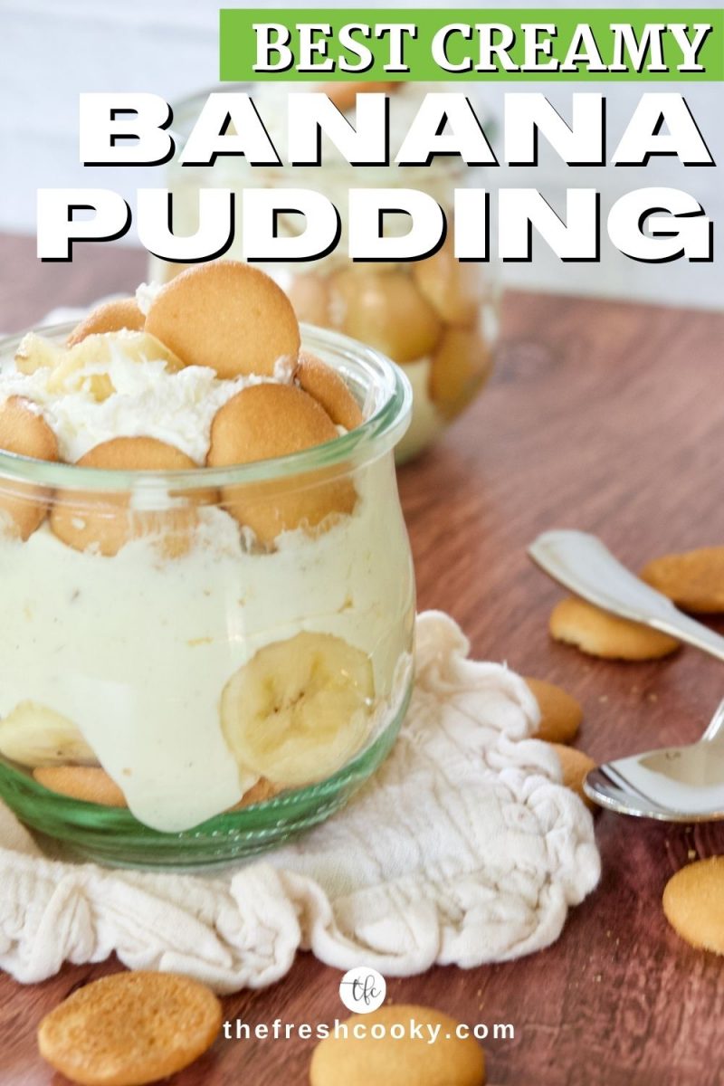 Jar filled with banana pudding with nilla wafers laying around.