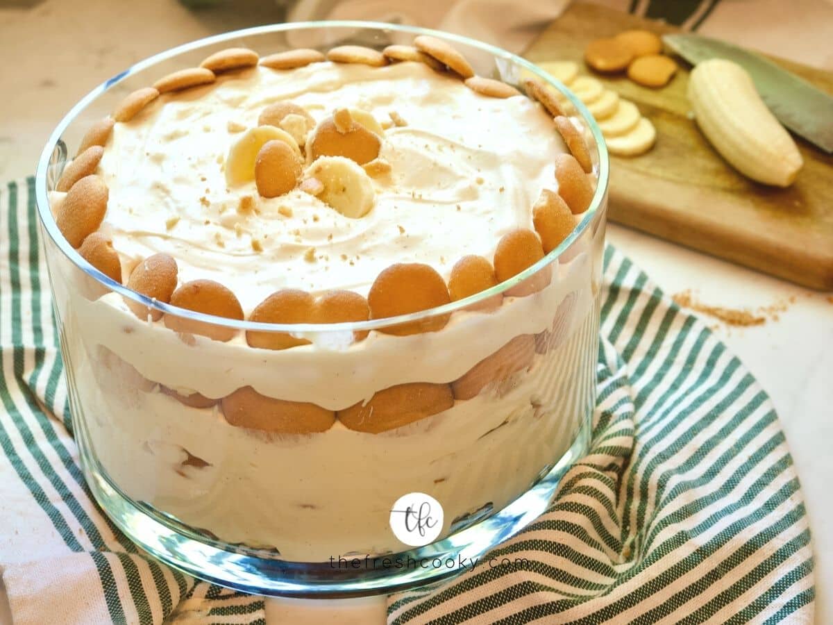 Large glass bowl filled with homemade Magnolia Banana Pudding.