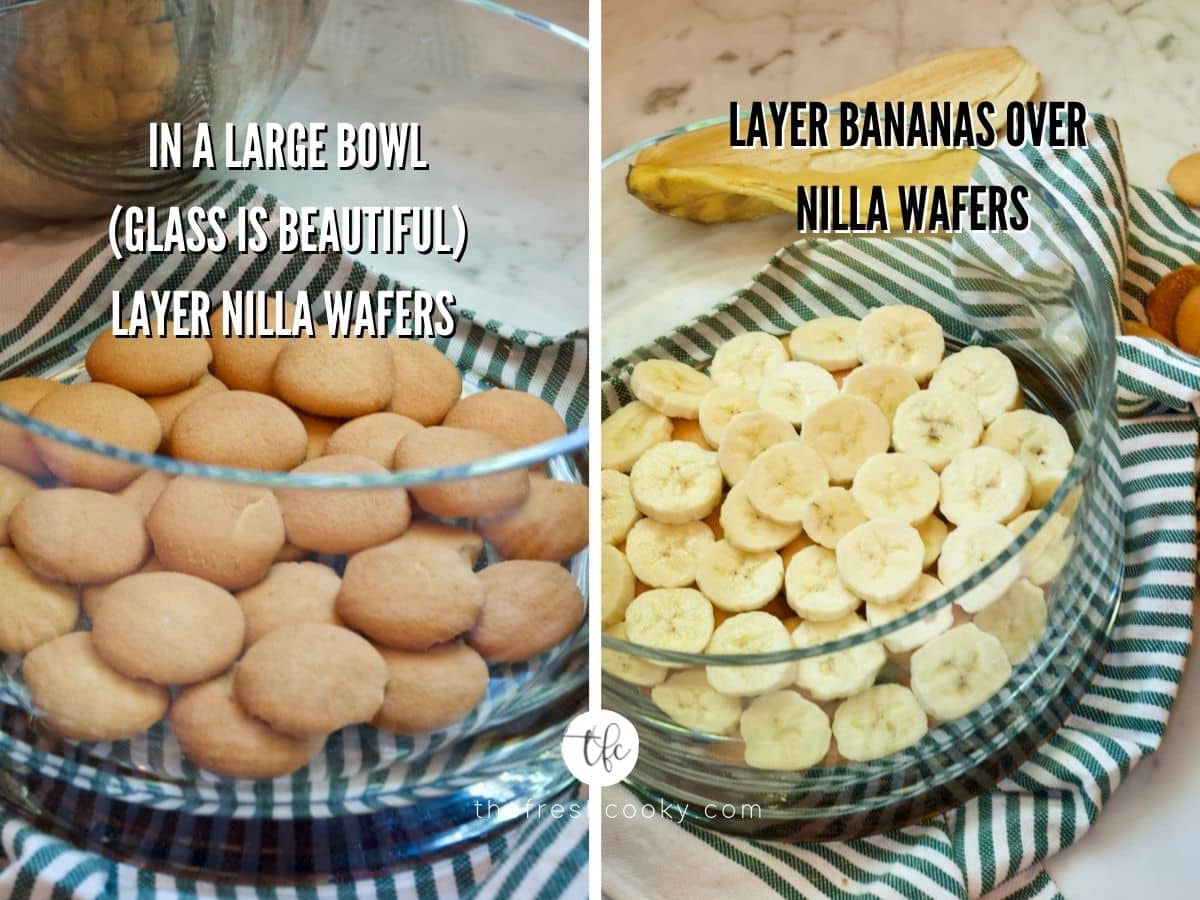 process shot for layering banana pudding, 1. layer of nilla wafers and 2) layer of sliced bananas.