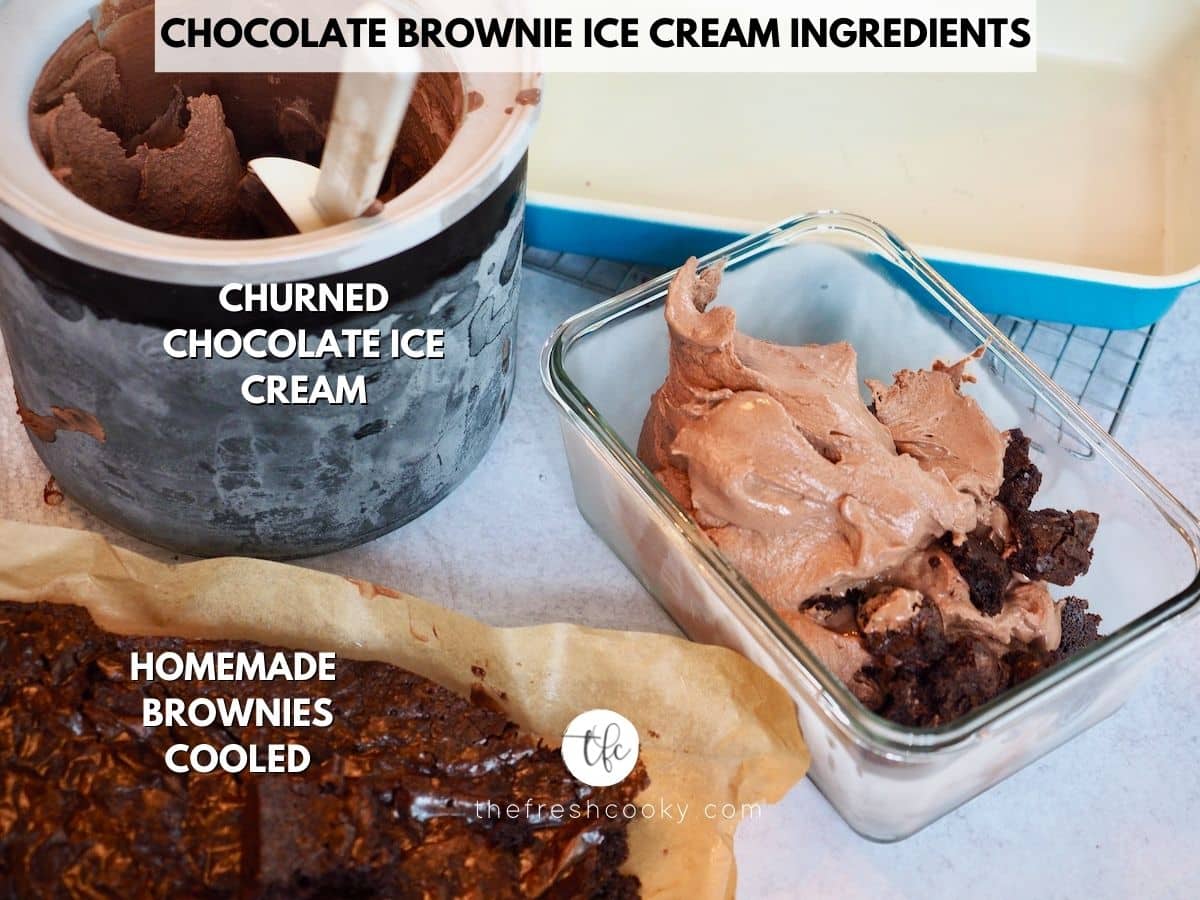 Chocolate Brownie Ice Cream Ingredients, L-R churned chocolate ice cream, glass freezer container with soft chocolate ice cream and brownie pieces, with brownies nearby.