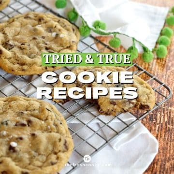 Facebook Image for Tried and True Cookie Recipes with image of chocolate chip cookies on cooling rack.