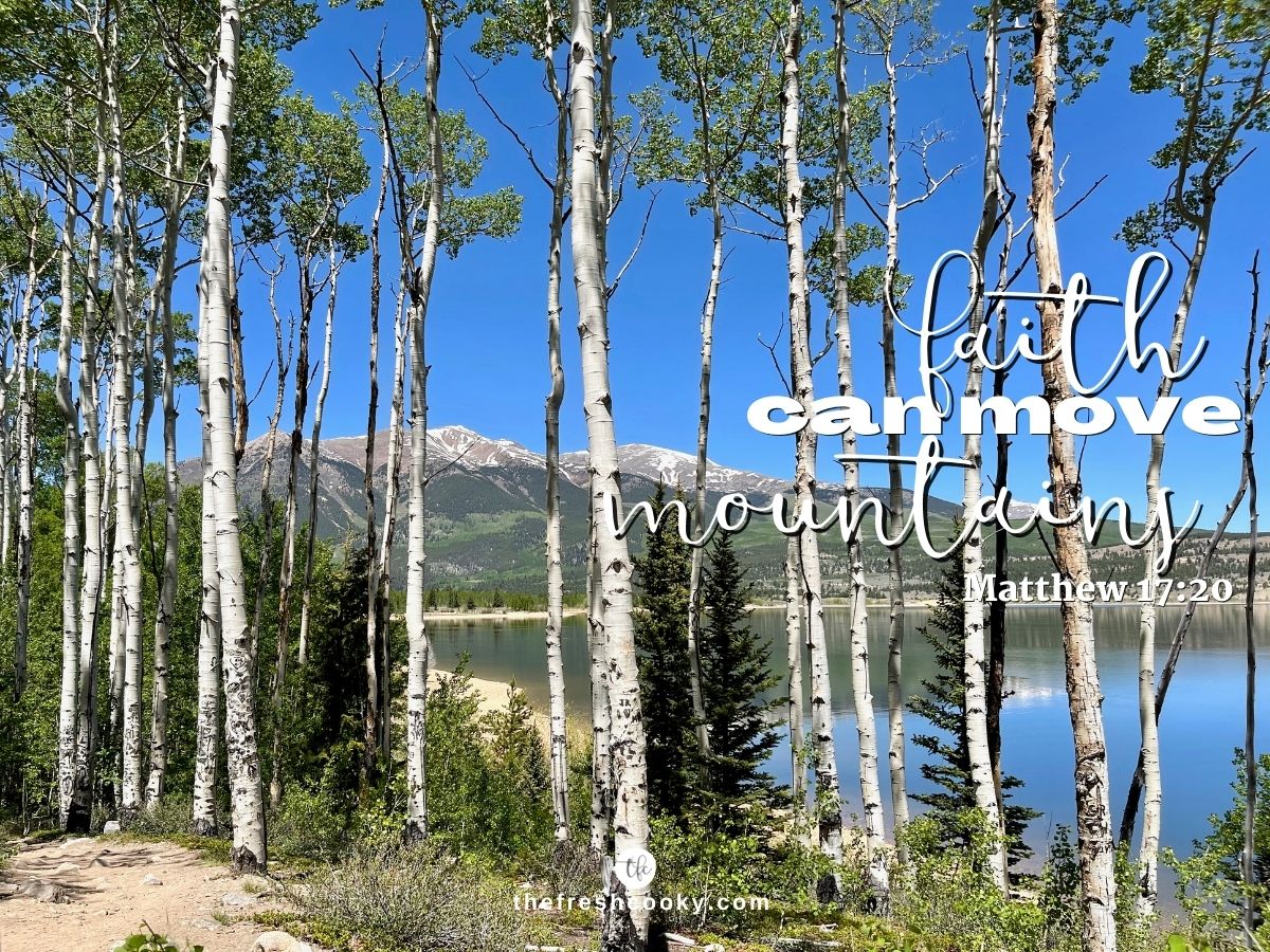 Image of aspen trees a lake and mountains in the background with words faith can move mountains!