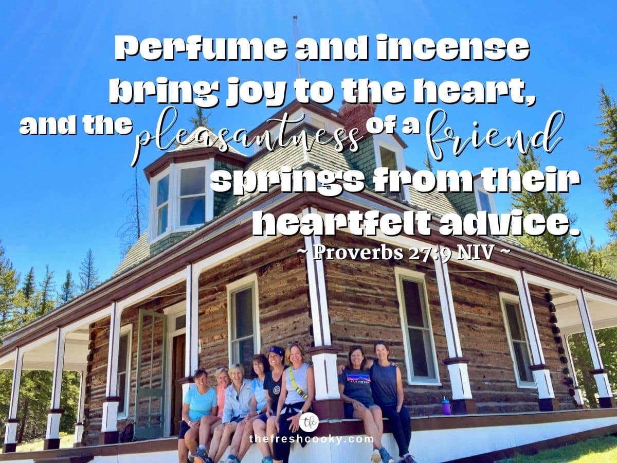 Image of friends sitting on a porch of an old house with scripture that says perfume and incense bring to the joy heart and the pleasantness of a friend from their heartfelt advice.