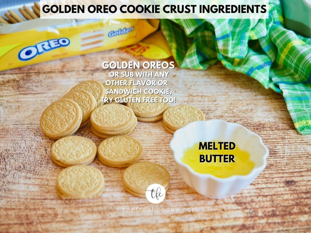 Ingredient image for Oreo Cookie Crust with Golden Oreo cookies on table with melted butter nearby.